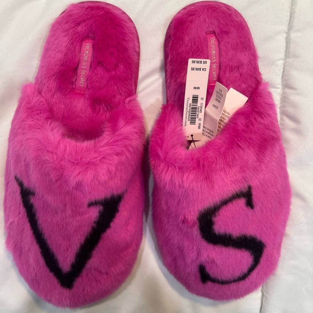 VICTORIA SECRET PINK HOY SLIPPERS FAUX FUR FUZZY MEDIUM M NEW + TAGS